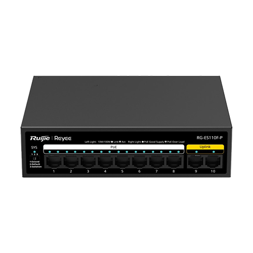 img47380large.png Switch L2, 8 x RJ45 10/100 Mbps PoE, 2 x RJ45 10/100 Mbps, Unmanaged - Ruijie Reyee RG-ES110F-P - imagine 1