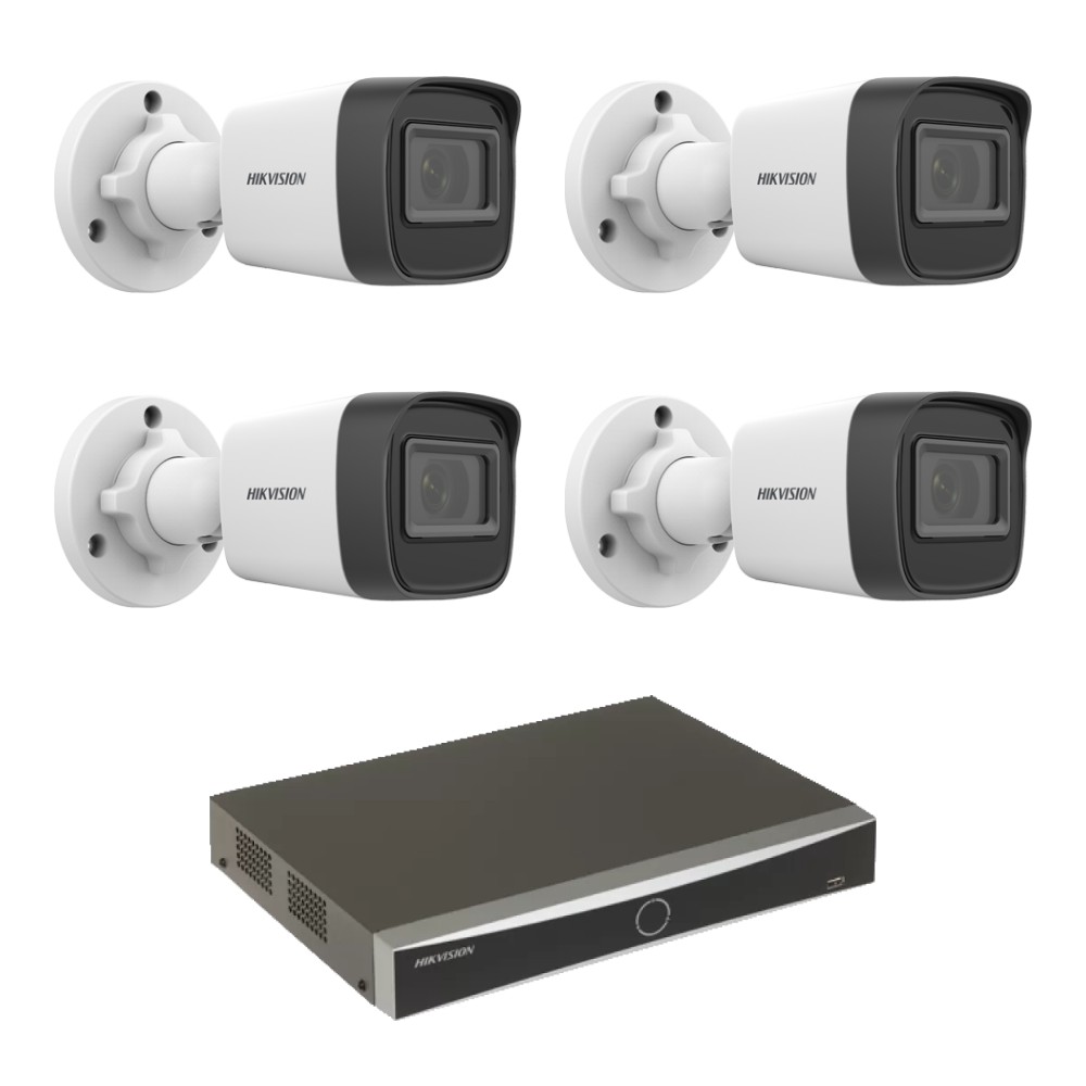 Kit supraveghere 4 camere IP Hikvision 4MP, IR 20m, NVR AcuSense 4 canale PoE