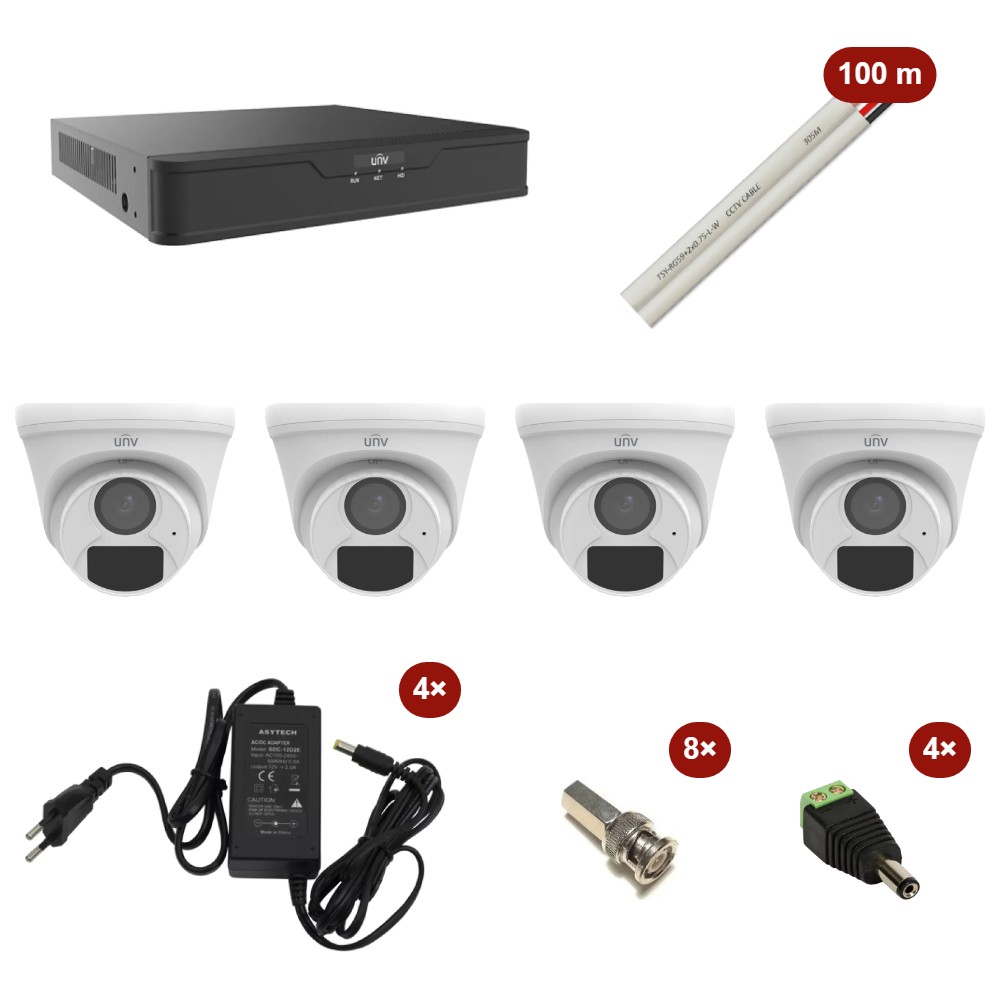 Kit 4 camere Uniview 2MP cu cablu, surse și conectori Kit supraveghere 4 camere analogice Uniview 2MP cu DVR, cablu 100m, surse și conectori